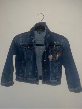 DKNY Girls Dark Blue Denim Jacket with Sequin Heart Patch